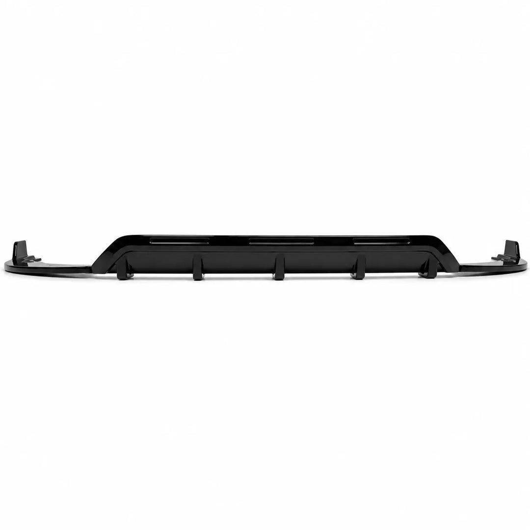A black plastic automotive rear diffuser with side spats and a matching center lip trim piece, displayed against a solid white background.