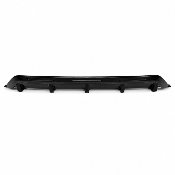 A pair of black plastic automotive rear diffuser centre piece center lip trim piece, displayed against a solid white background.