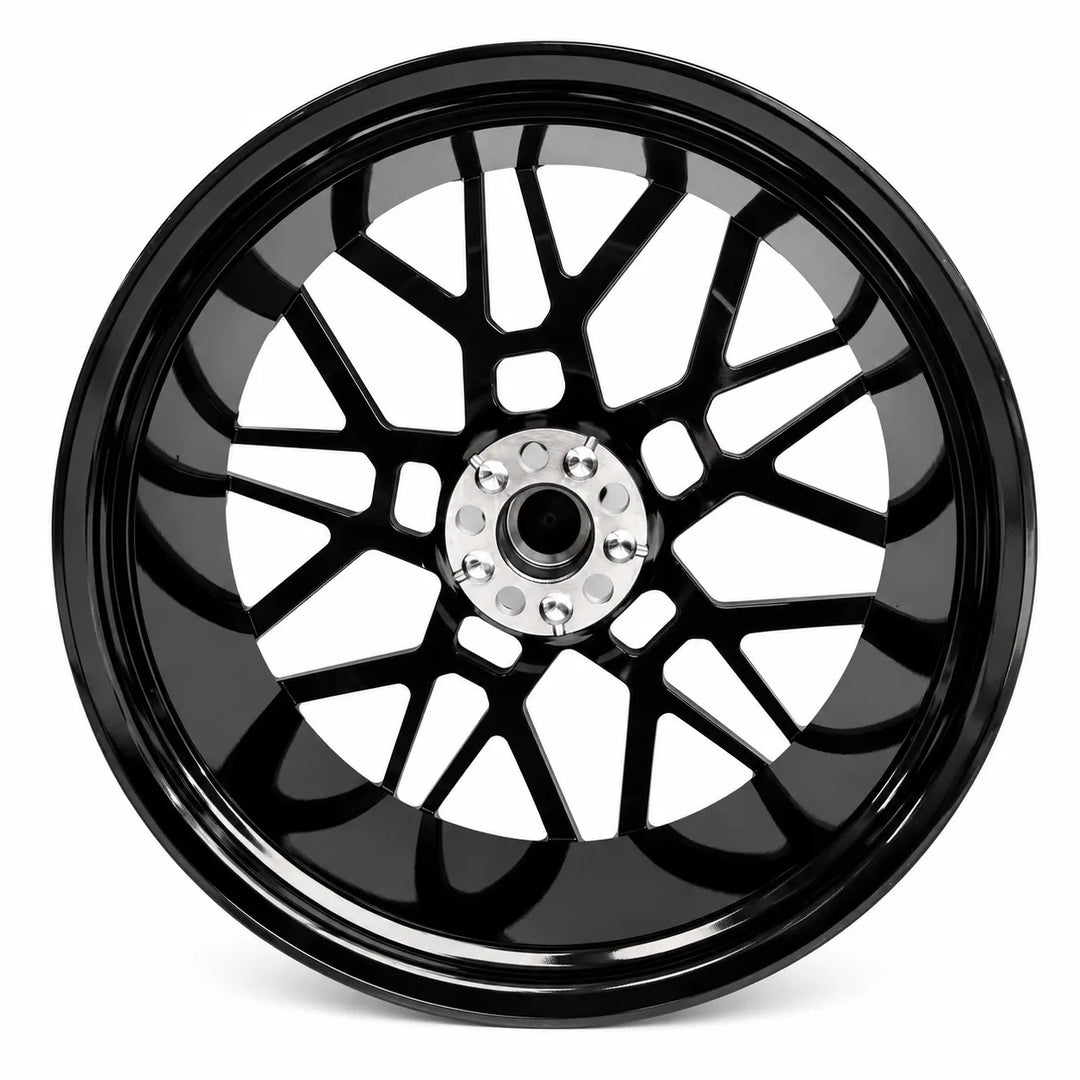 A glossy black multi-spoke alloy wheel rim with a silver center cap and five lug holes, shown on a clean white background.