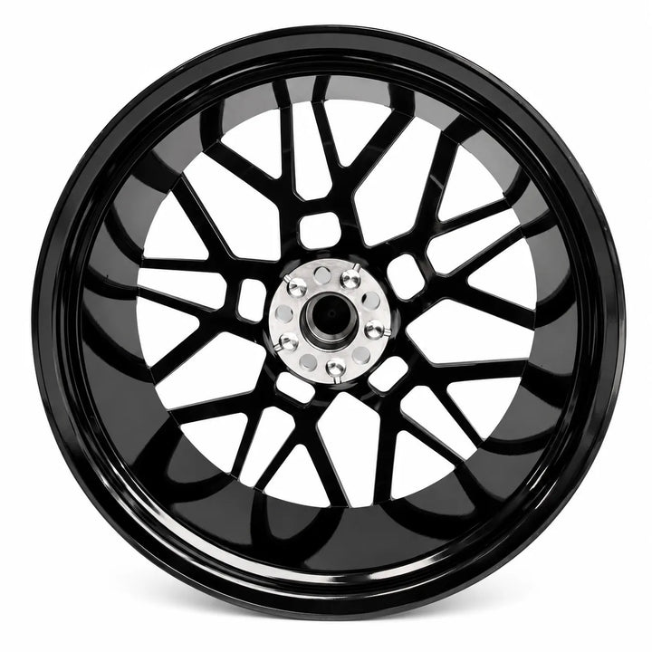 A glossy black multi-spoke alloy wheel rim with a silver center cap and five lug holes, shown on a clean white background.