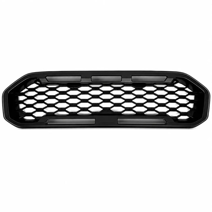 A black honeycomb front grille with a glossy finish, shown against a plain white background.