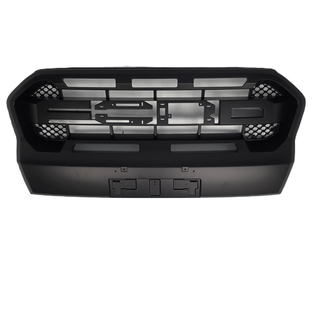 A black plastic vehicle front grille insert or bumper grille component, shown from the front against a plain white background.