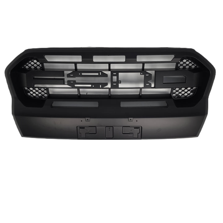 A black plastic vehicle front grille insert or bumper grille component, shown from the front against a plain white background.