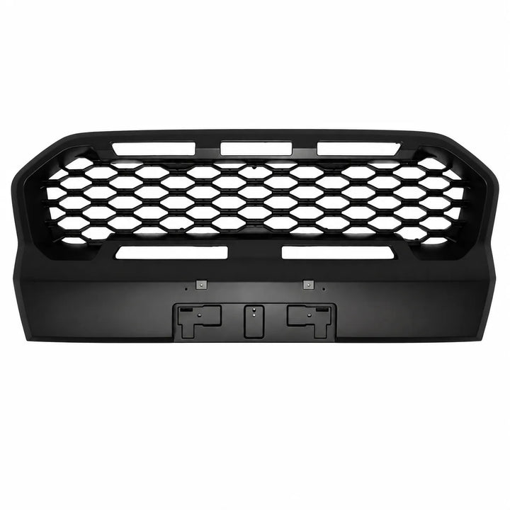 A black heavy-duty truck front bumper grille insert with a honeycomb pattern and mounting slots, shown against a plain white background.