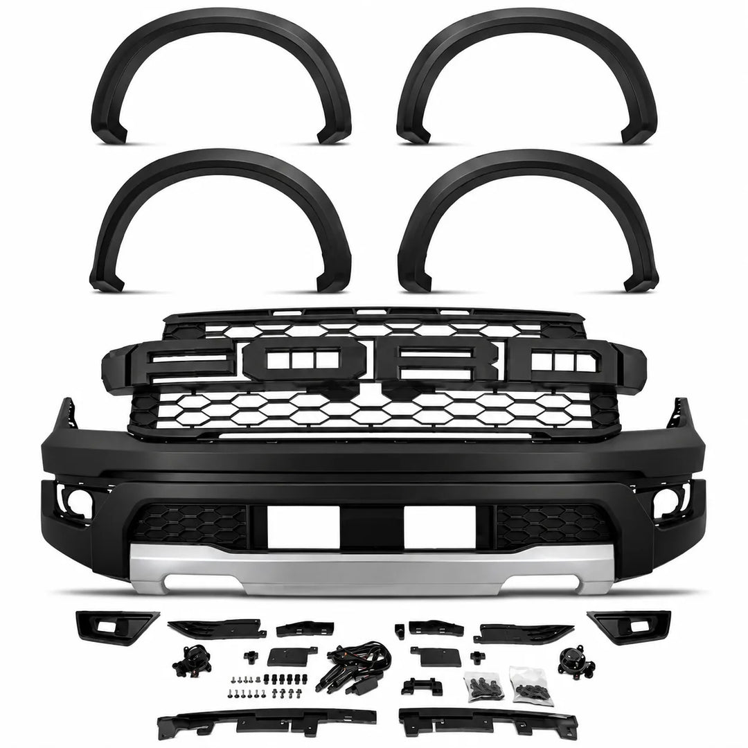 Black truck front bumper grille kit with four wheel arches, a large front bumper, and various mounting hardware parts arranged on a white background.