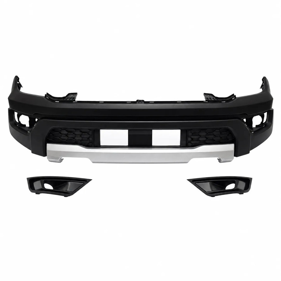 Black front bumper and lower grille assembly with a silver front skid plate, shown on a white background with two small black trim pieces below.