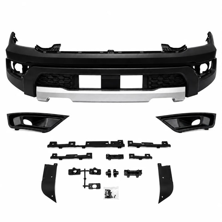 Black and silver front bumper kit with matching fog light housings and mounting hardware, displayed on a clean white background.