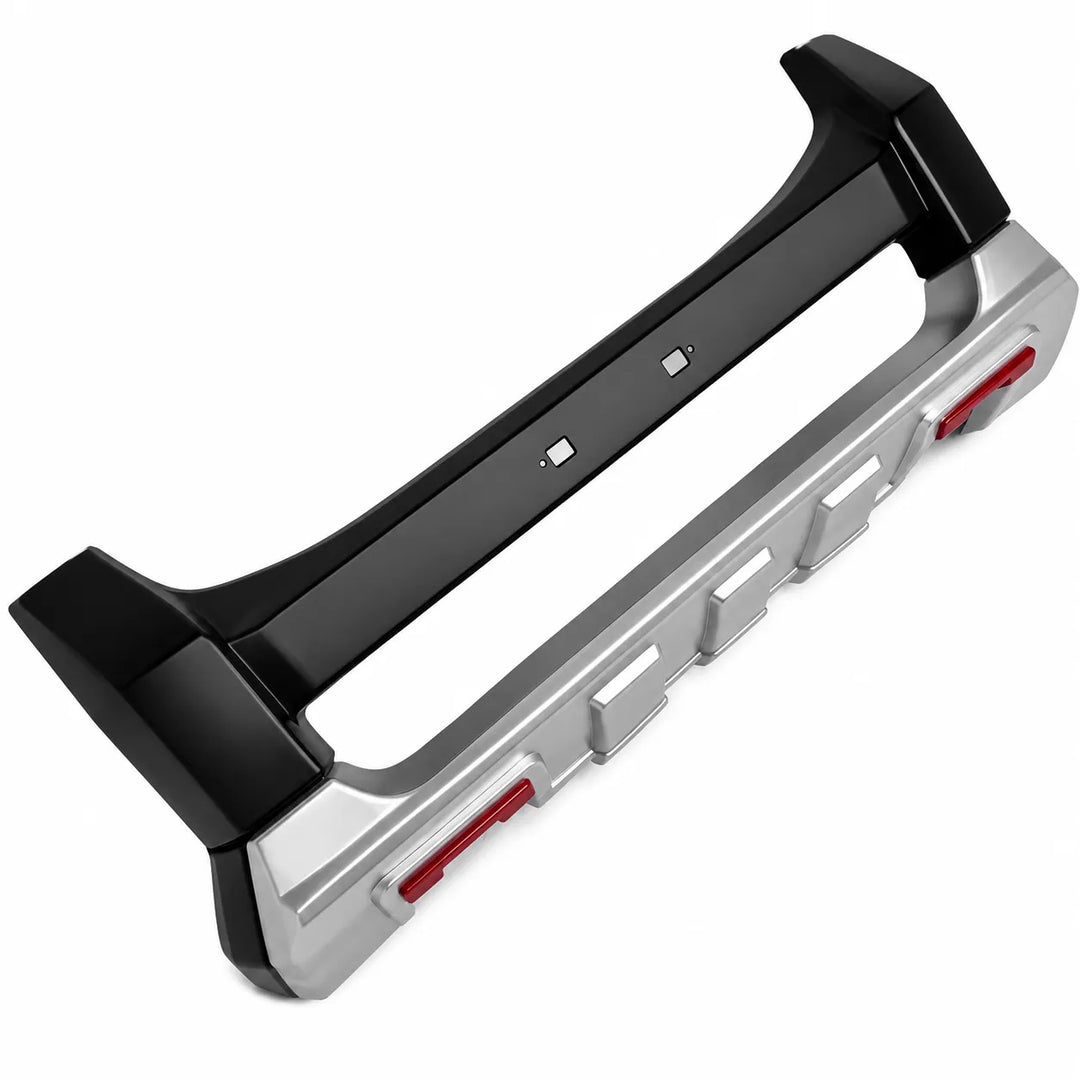 A angled image, heavy-duty vehicle front bumper guard with a unpainted top section and a silver lower section with rec accents, Displayed on a pure white background