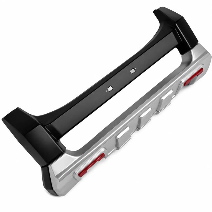 A angled image, heavy-duty vehicle front bumper guard with a unpainted top section and a silver lower section with rec accents, Displayed on a pure white background