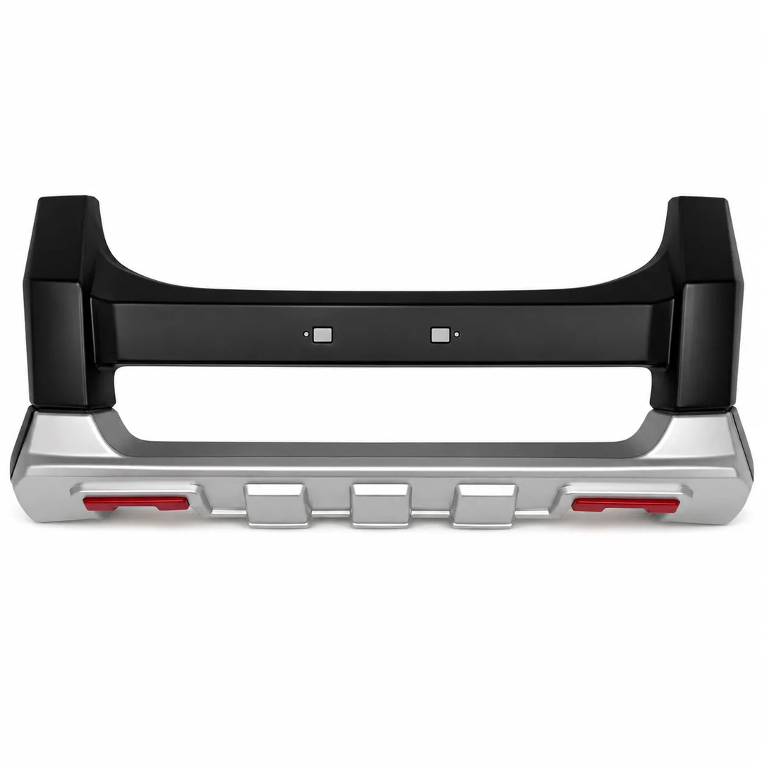 A heavy-duty vehicle front bumper guard with a unpainted top section and a silver lower section with rec accents, Displayed on a pure white background