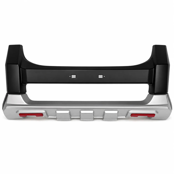A heavy-duty vehicle front bumper guard with a unpainted top section and a silver lower section with rec accents, Displayed on a pure white background