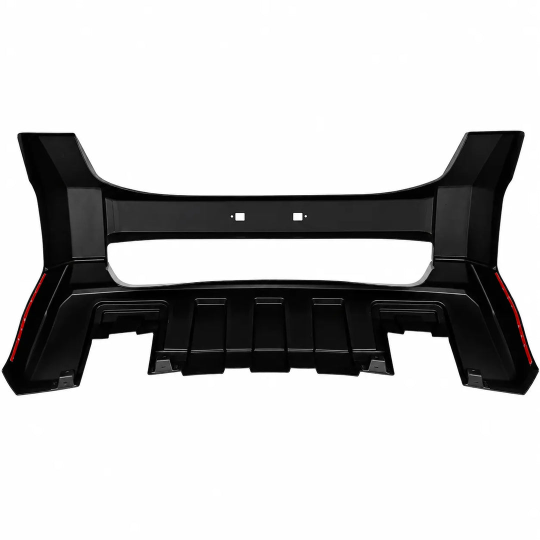 A reverse image of a black automotive front bumper cover, shown from a rear-facing perspective on a solid white background.