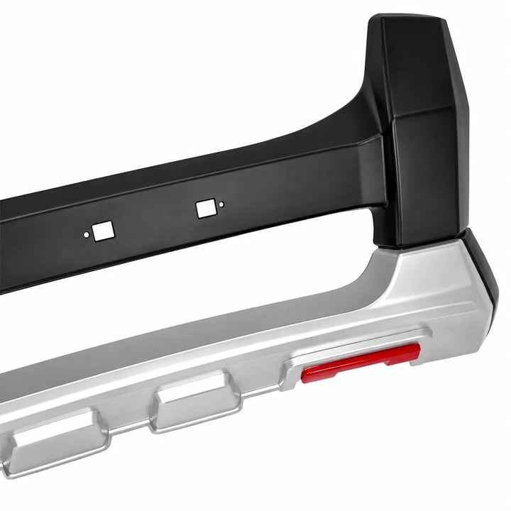 Close-up of a vehicle bumper cover protective bar with a unpainted black upper section, silver lower section, and a red accent, shown on a white background.