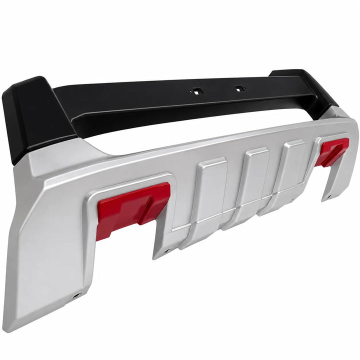 low image shot of A heavy-duty vehicle front bumper guard with a unpainted top section and a silver lower section with rec accents, Displayed on a pure white background
