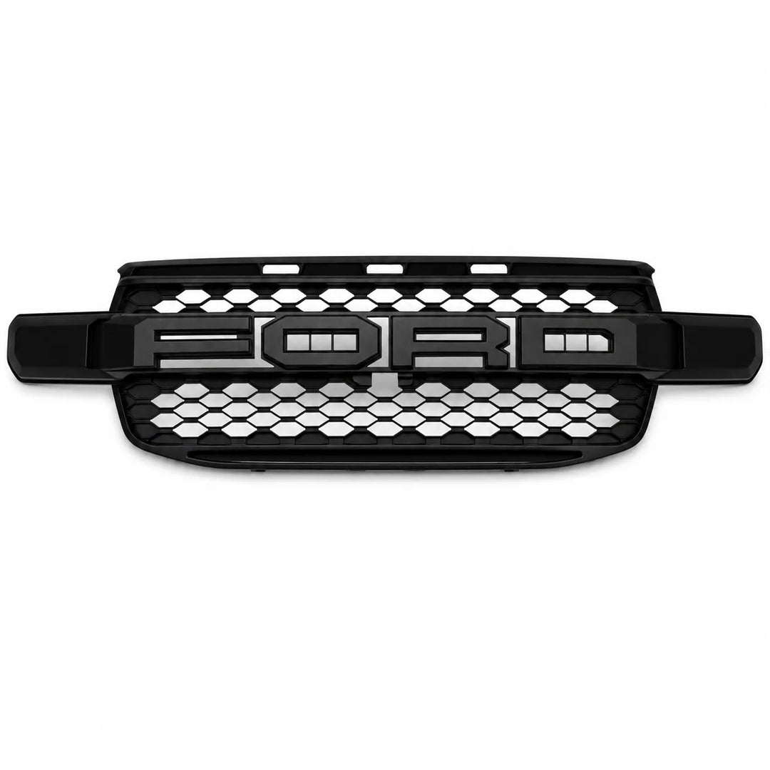 A black Ford grille with a honeycomb pattern and a prominent 'FORD' logo across the center, shown against a plain white background.