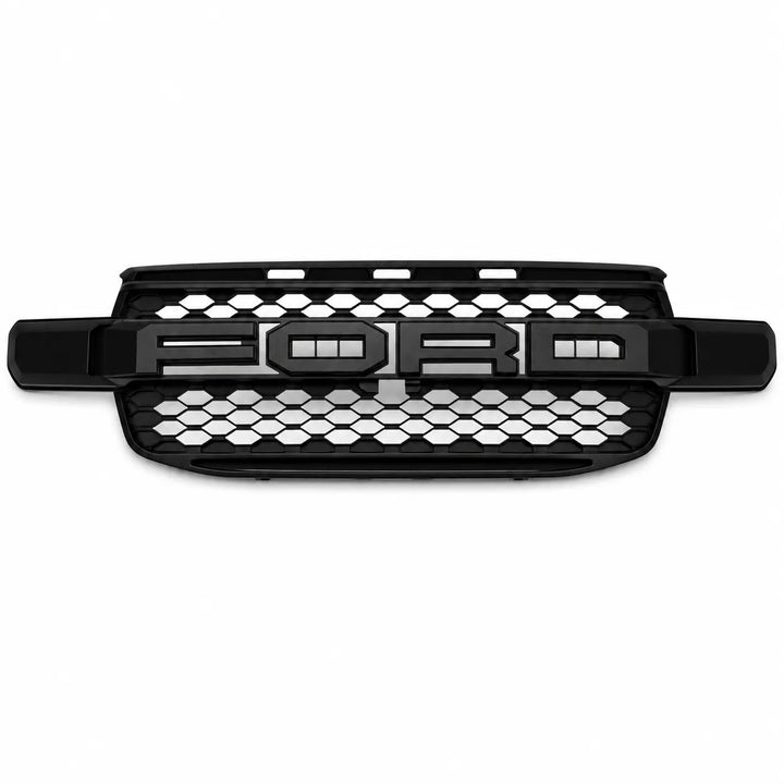 A black Ford grille with a honeycomb pattern and a prominent 'FORD' logo across the center, shown against a plain white background.