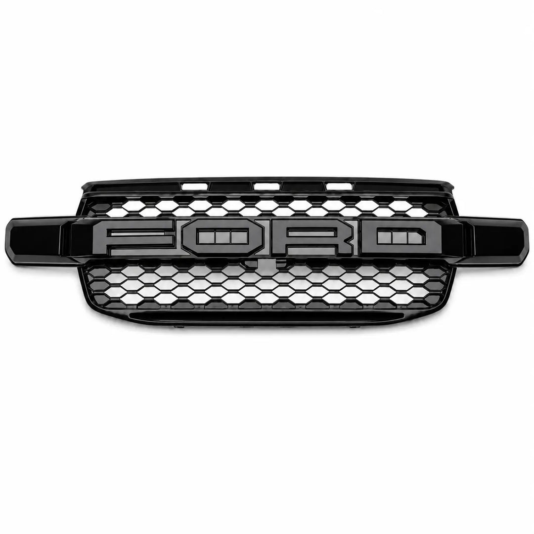 A black Ford grille insert with a honeycomb pattern and raised 'FORD' lettering, shown against a plain white background.