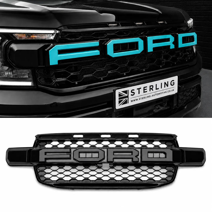 A black Ford grille insert with a honeycomb pattern and large 'FORD' lettering, shown both installed on a black truck front and as a standalone product on a white background. A Sterling automotive sign is visible on the truck license plate area.