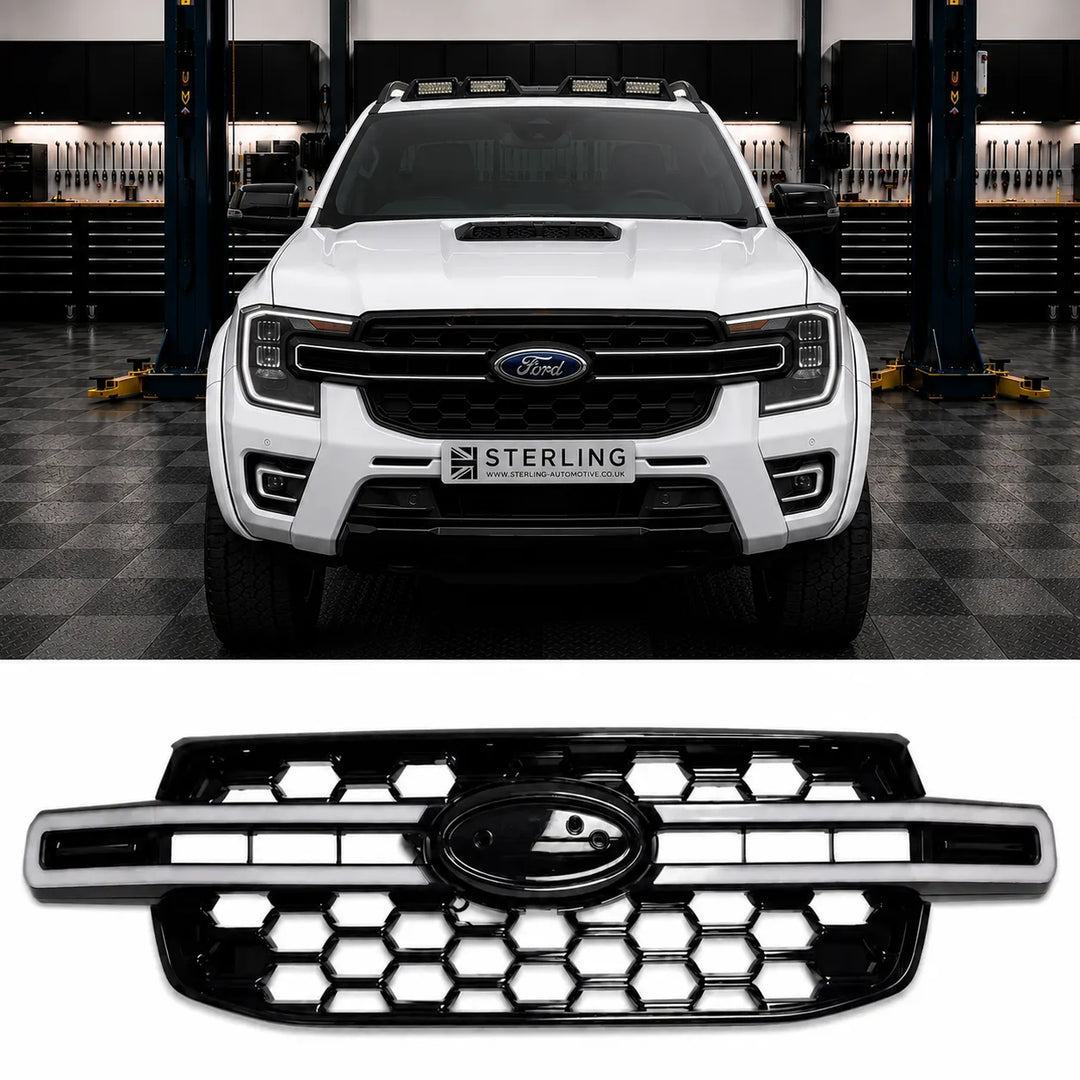 A black honeycomb front grille with a led horizontal light bar and oval Ford badge, shown both installed on a white Ford Ranger in the sterling garage and as a standalone product on a white background.