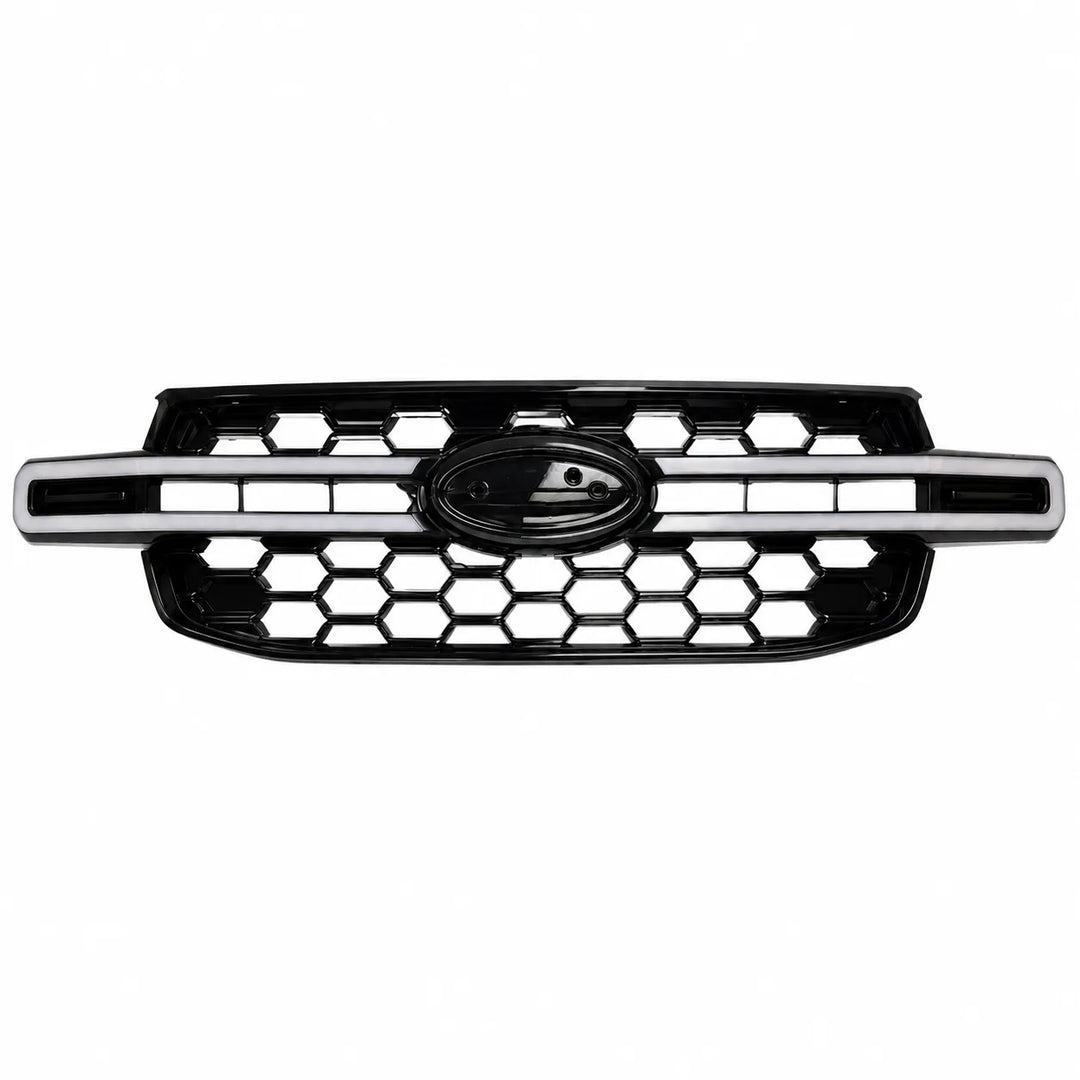 A black honeycomb front grille with a horizontal led light bar designed for ford ranger T9 and a central oval badge, shown against a plain white background.