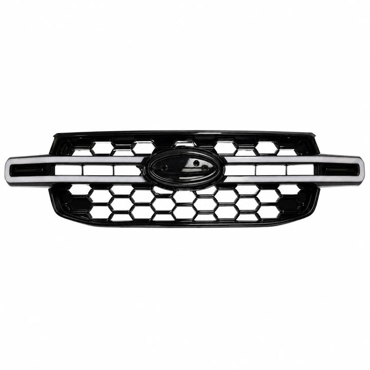 A black honeycomb front grille with a horizontal led light bar designed for ford ranger T9 and a central oval badge, shown against a plain white background.