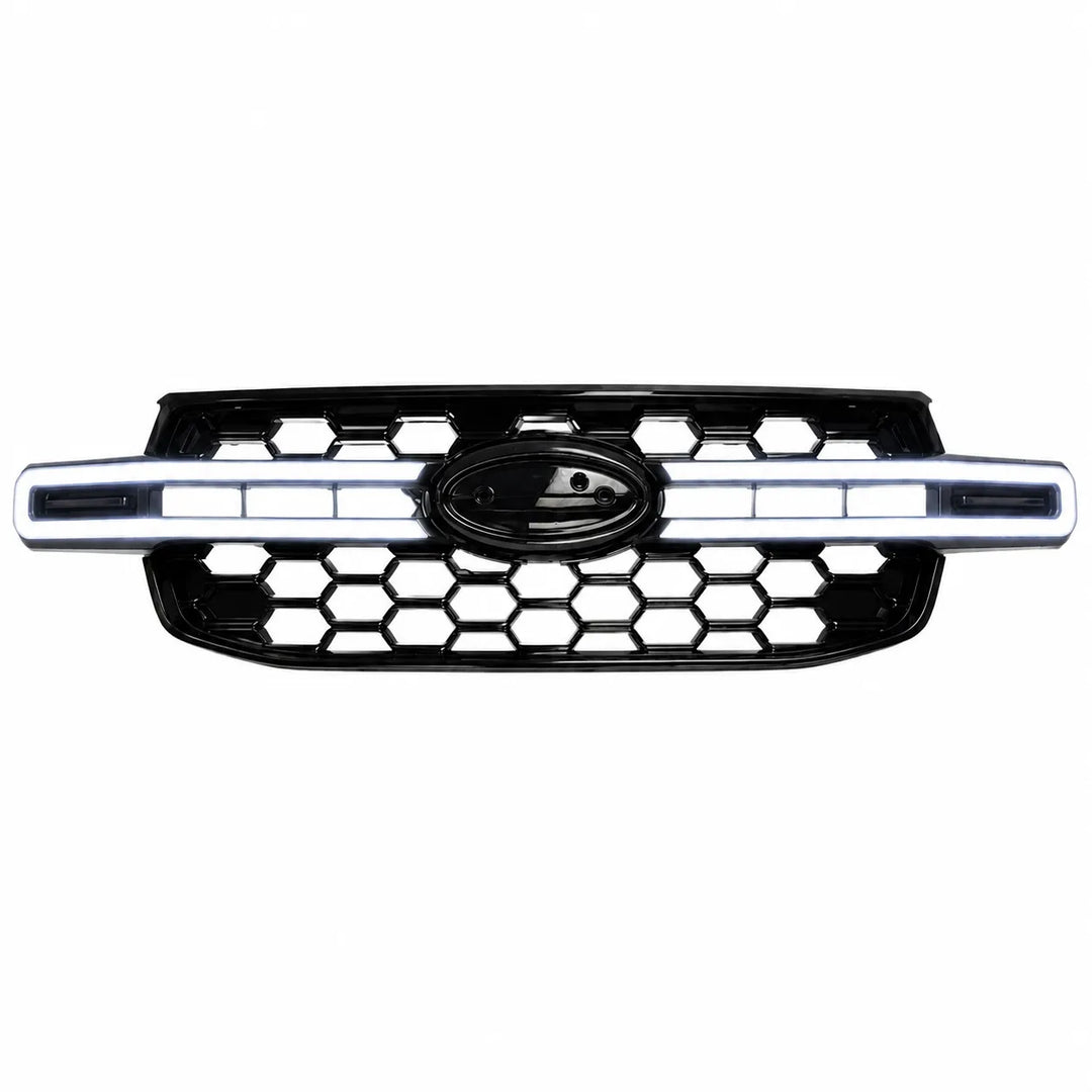 A black honeycomb car grille with a LED horizontal light bar lit up and a central black oval badge, isolated on a white background.