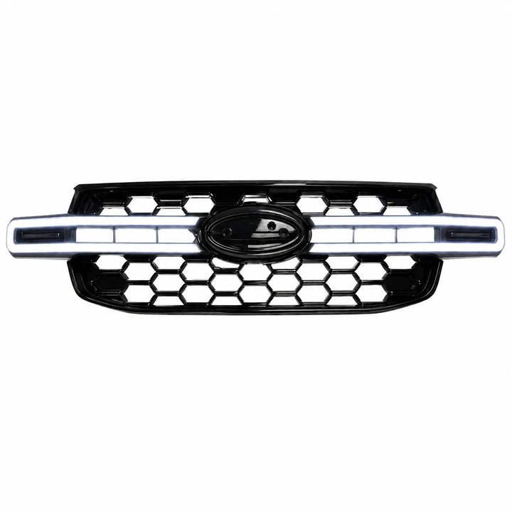 A black honeycomb car grille with a LED horizontal light bar lit up and a central black oval badge, isolated on a white background.