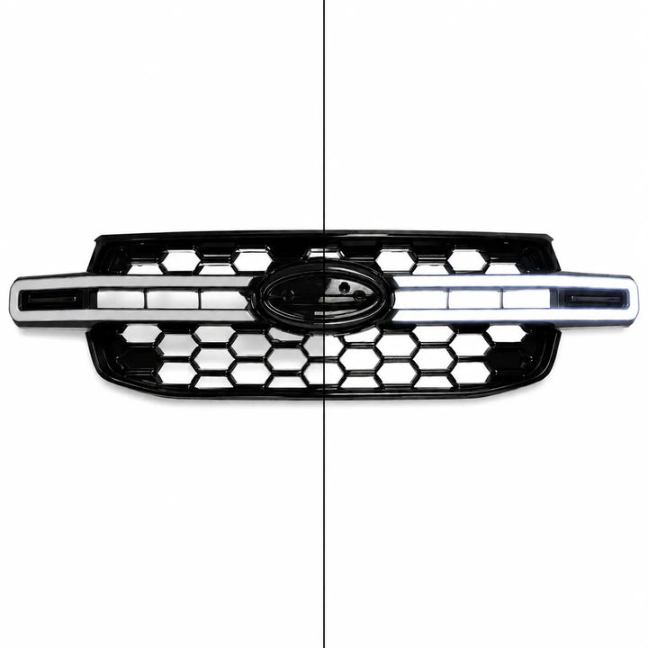 A black honeycomb car grille with a polished chrome vertical bar across the center showing the grille lit up vs not lit up, shown against a plain white background.
