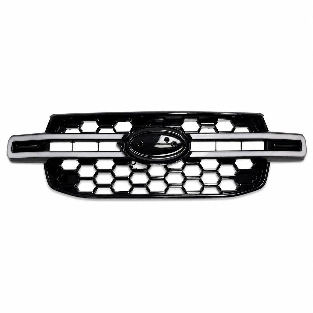 A black honeycomb ranger car grille with a horizontal led light bar and a central oval badge, shown against a plain white background.