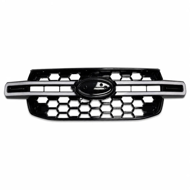 A black honeycomb ranger car grille with a horizontal led light bar and a central oval badge, shown against a plain white background.