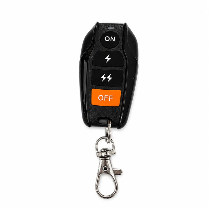 Black remote control with 'On' and 'Off' buttons on a white background