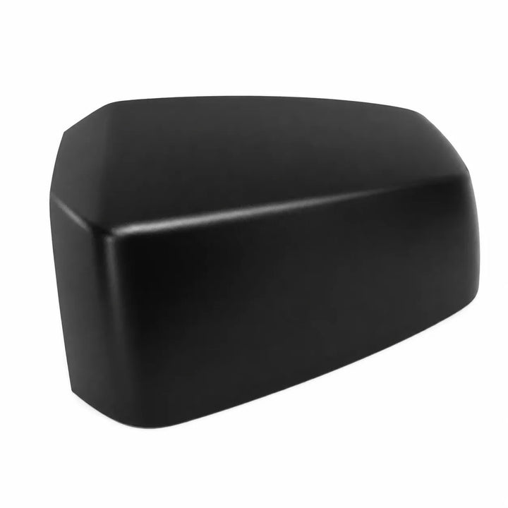 A black plastic automotive side mirror housing cover, shown from a three-quarters perspective against a plain white background.