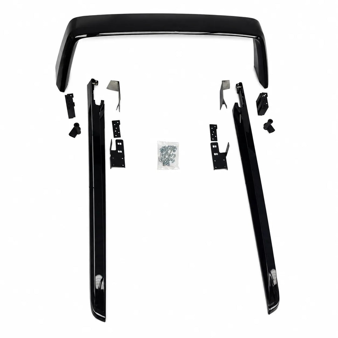 A glossy black car roll bar kit with matching gloss black bar trim pieces and mounting hardware, laid out symmetrically on a plain white background.