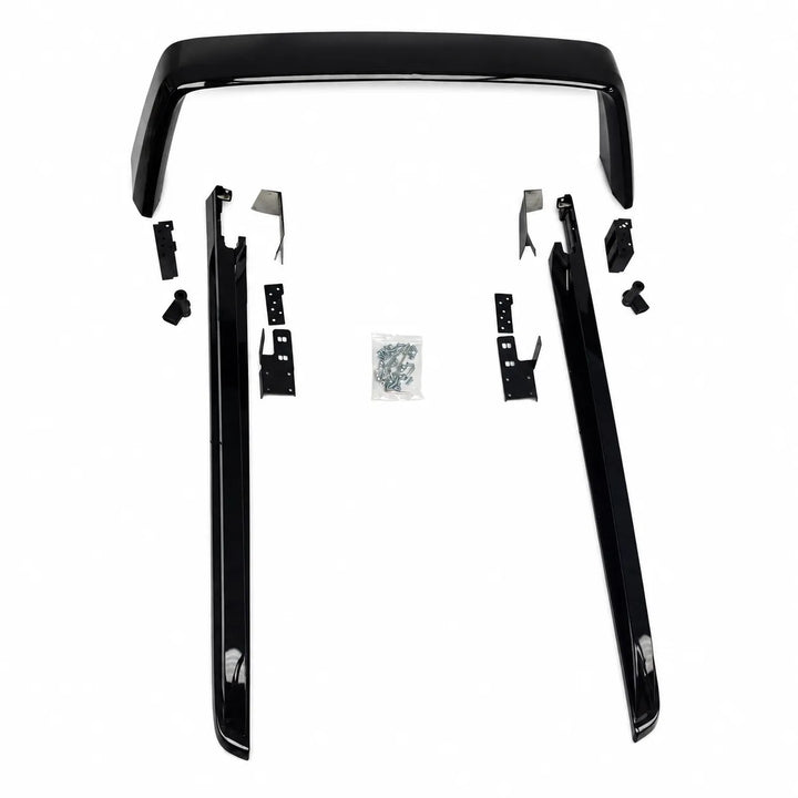 A glossy black car roll bar kit with matching gloss black bar trim pieces and mounting hardware, laid out symmetrically on a plain white background.