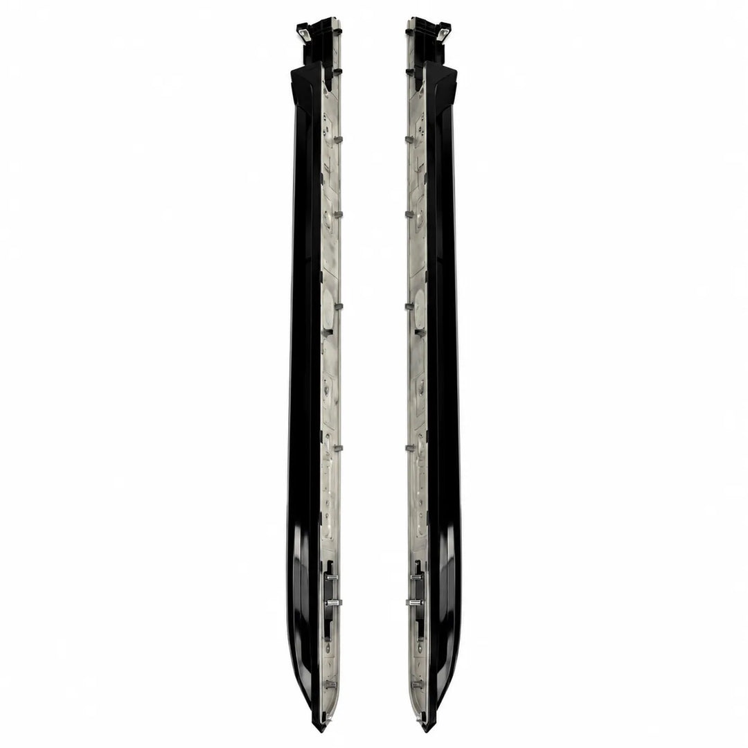 A pair of long, narrow black metal components, shown vertically side-by-side against a plain white background.