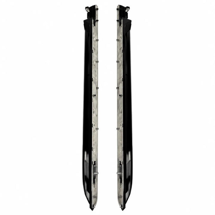 A pair of long, narrow black metal components, shown vertically side-by-side against a plain white background.