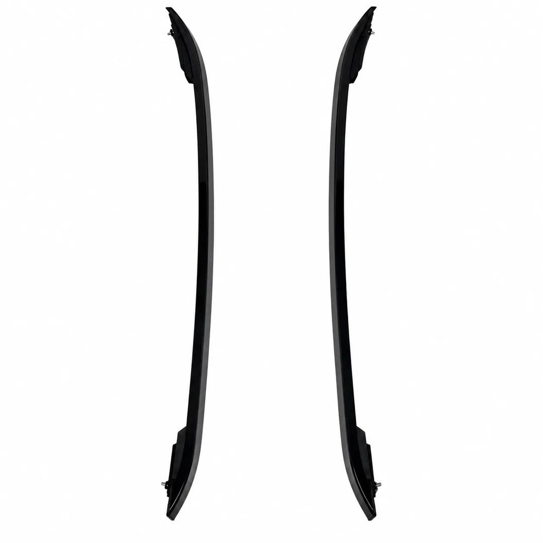 A pair of long, black, curved automotive roof rail trim pieces or body moldings shown vertically side-by-side on a plain white background.