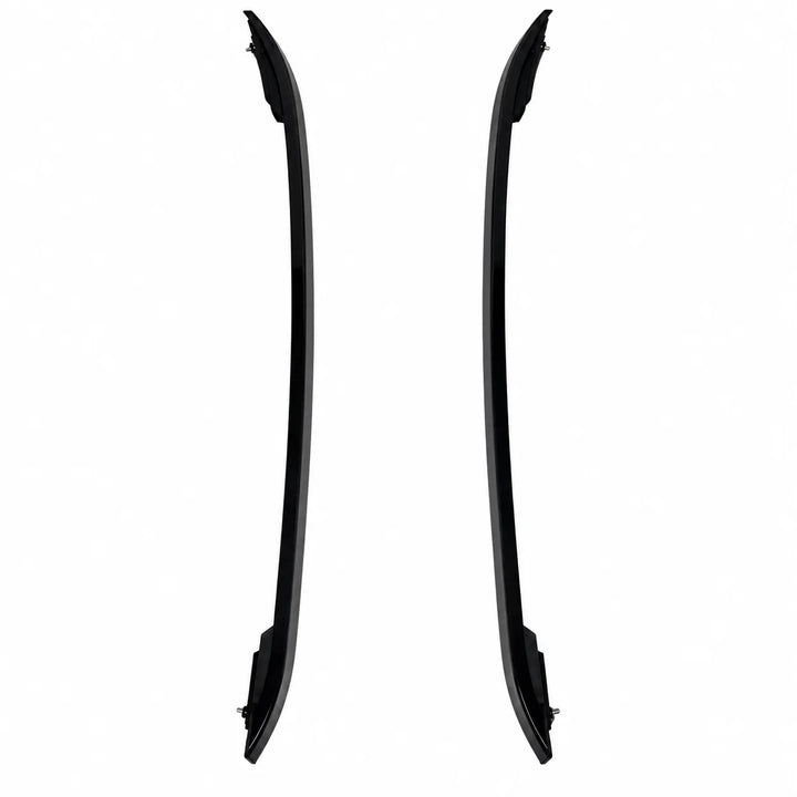 A pair of long, black, curved automotive roof rail trim pieces or body moldings shown vertically side-by-side on a plain white background.