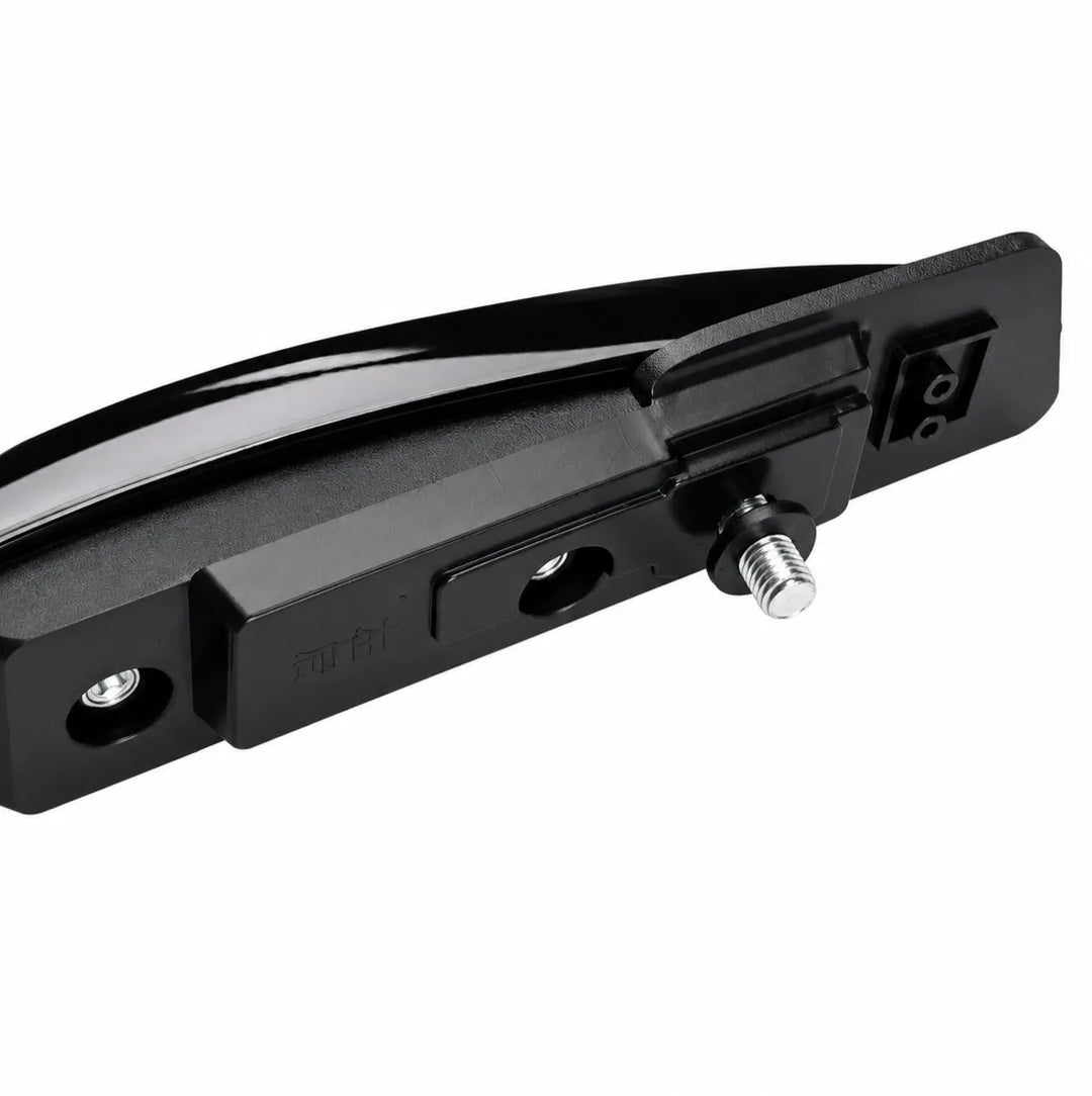 Close-up of a black metal mounting bracket with a silver threaded bolt and a small embossed brand mark on a white background.