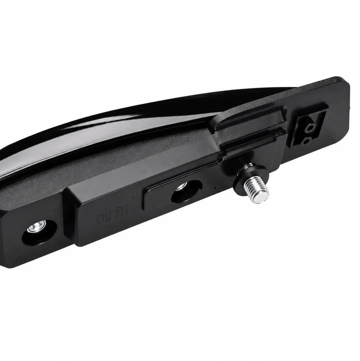 Close-up of a black metal mounting bracket with a silver threaded bolt and a small embossed brand mark on a white background.