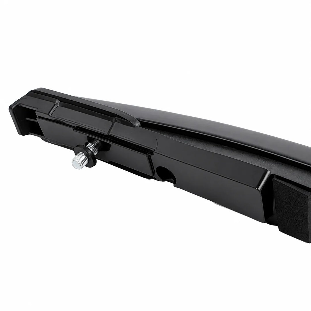 A close-up of a black metal mounting bracket or hardware component with a silver adjustment screw, shown on a plain white background.