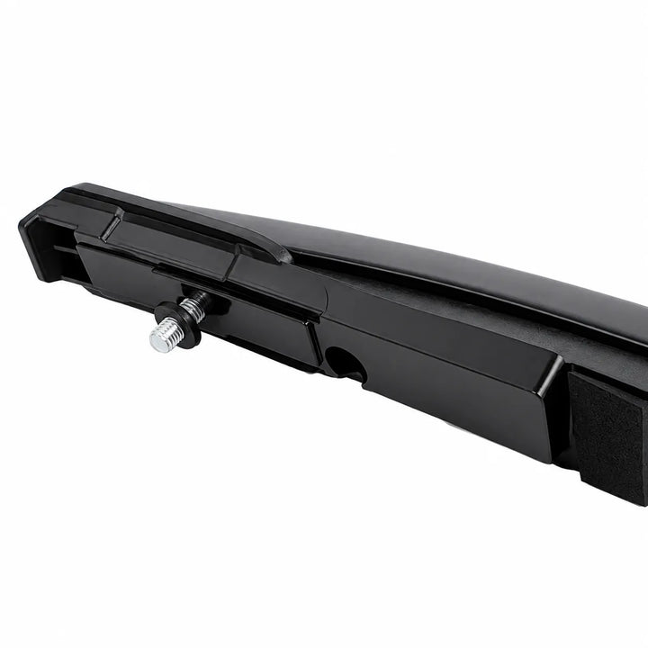 A close-up of a black metal mounting bracket or hardware component with a silver adjustment screw, shown on a plain white background.