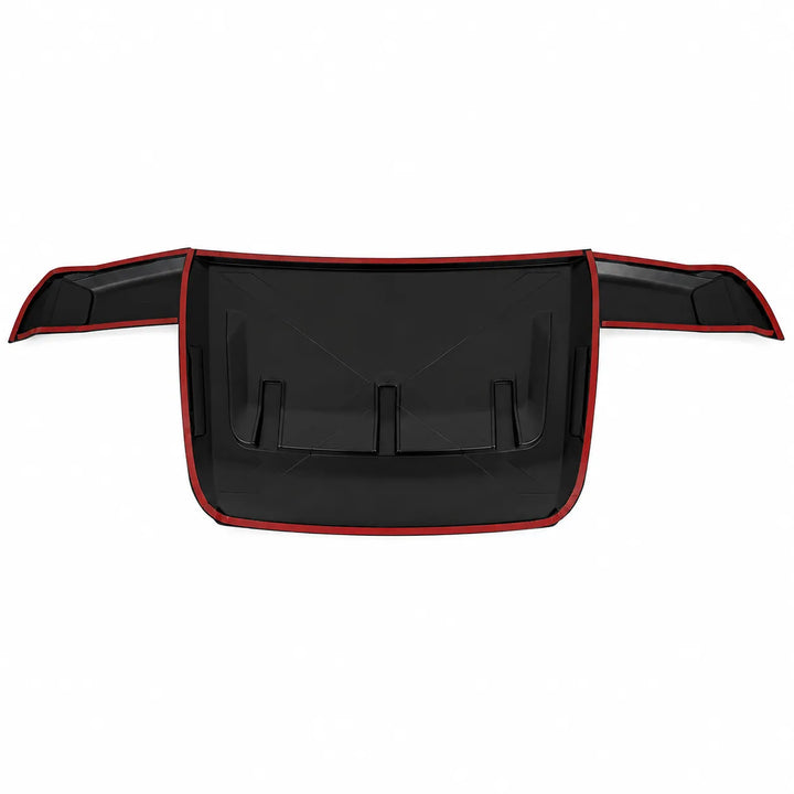 A black plastic automotive trunk liner with red trim, shown from a top-down perspective on a white background.