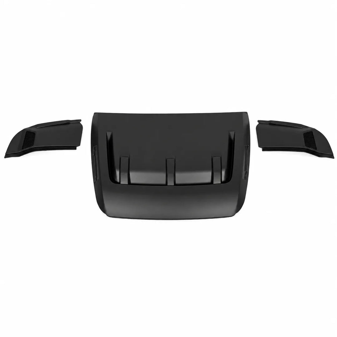 A set of three matte black plastic automotive parts, likely a hood lip bonnet cover or trim kit, arranged symmetrically on a solid white background.