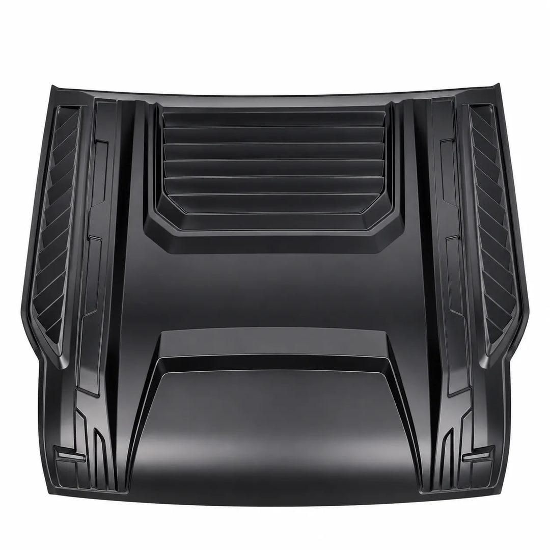 A black molded automotive hood trunk lid liner or cover, featuring textured ribbed panels and reinforced edges, shown from a top-down perspective on a white background.