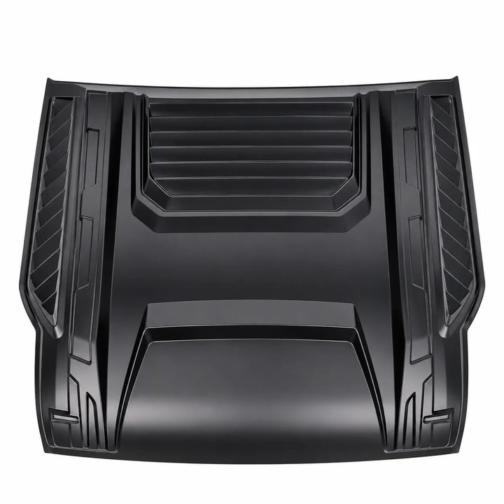 A black molded automotive hood trunk lid liner or cover, featuring textured ribbed panels and reinforced edges, shown from a top-down perspective on a white background.
