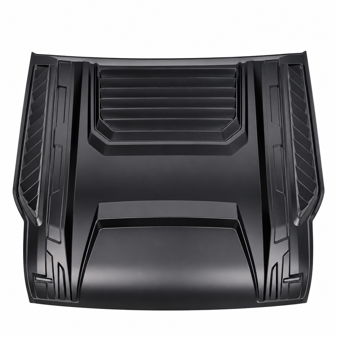 A black molded plastic bonnet scoop Hood cover liner with textured ribs and protective bumpers, shown from a top-down perspective on a white background.