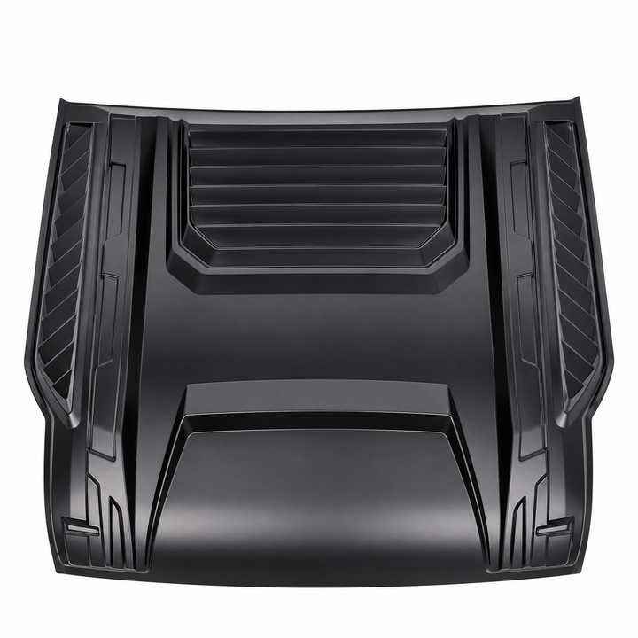 A black molded plastic bonnet scoop Hood cover liner with textured ribs and protective bumpers, shown from a top-down perspective on a white background.