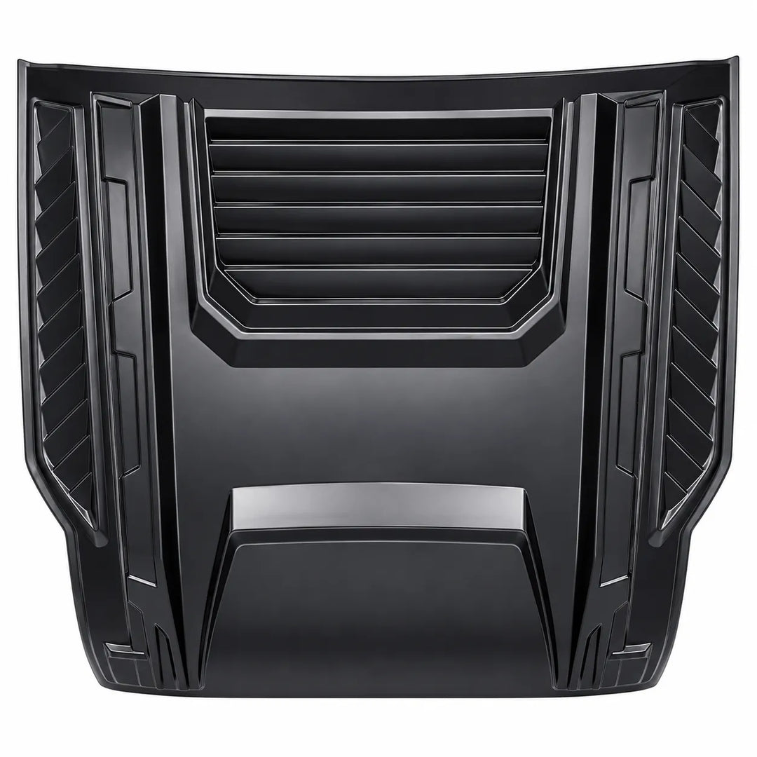 A black molded automotive hood ornament or decorative hood panel with a ribbed, vented design, shown against a plain white background.