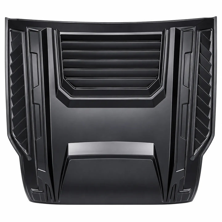 A black molded automotive hood ornament or decorative hood panel with a ribbed, vented design, shown against a plain white background.